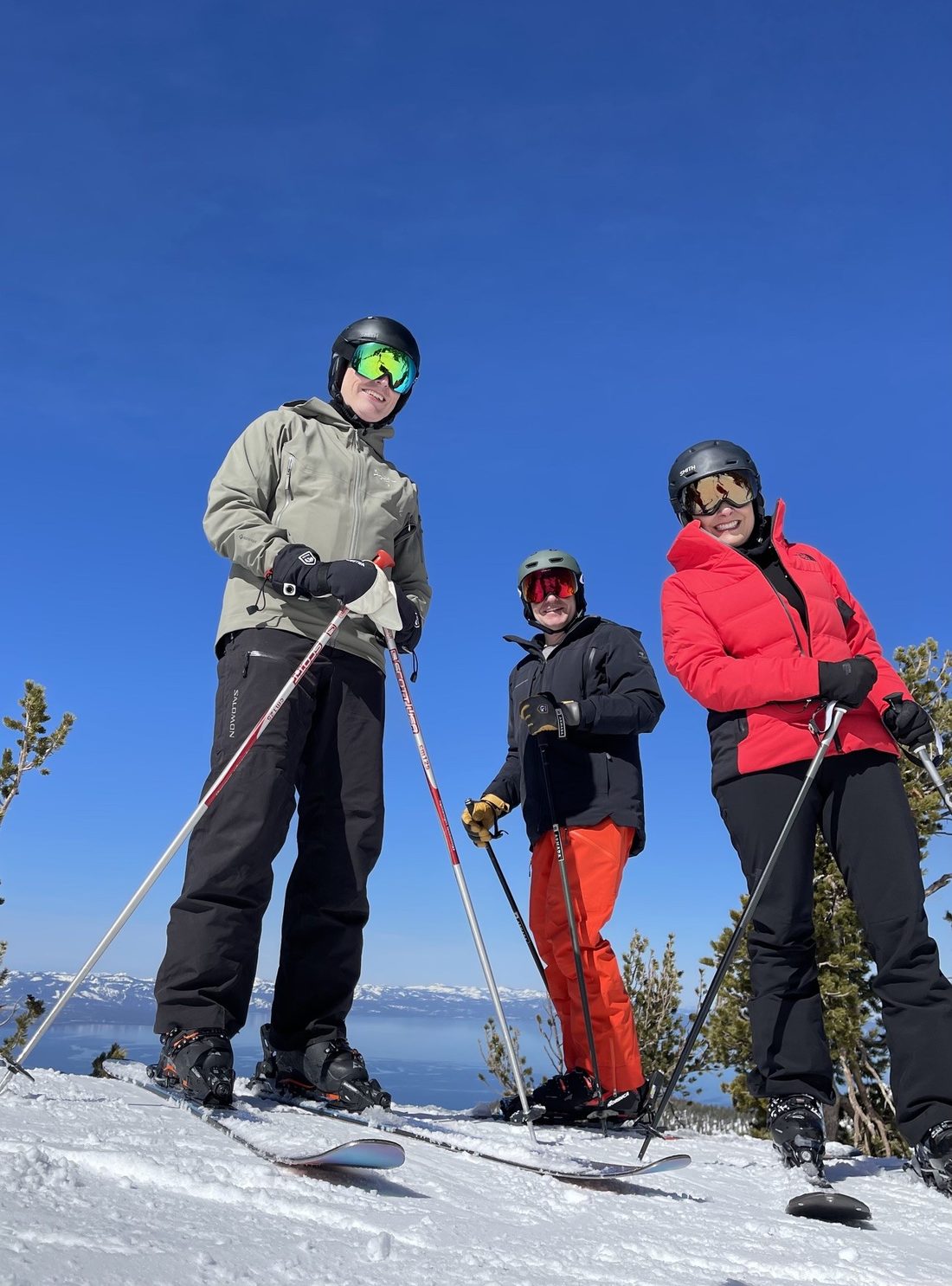 Dyna Boen skiing with her daughter above Lake Tahoe